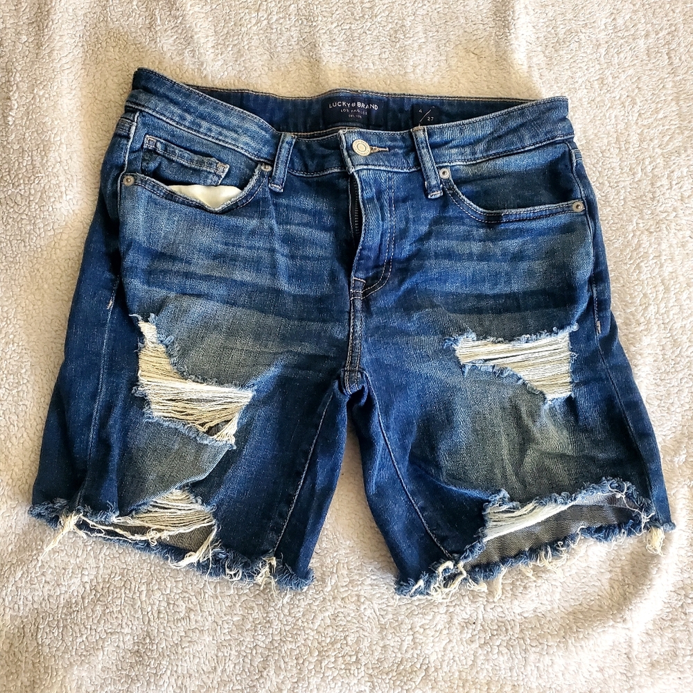 Lucky‎ Brand Jean Shorts 4/27 Blue 5 Pockets Destress  Trashed Streetwear
